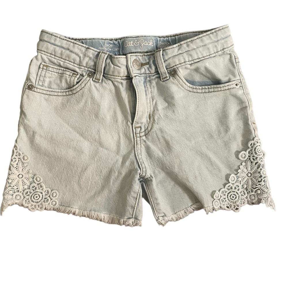 Girls Light Blue Denim Cut-Off Shorts with Lace Embellishment - Size 7/8